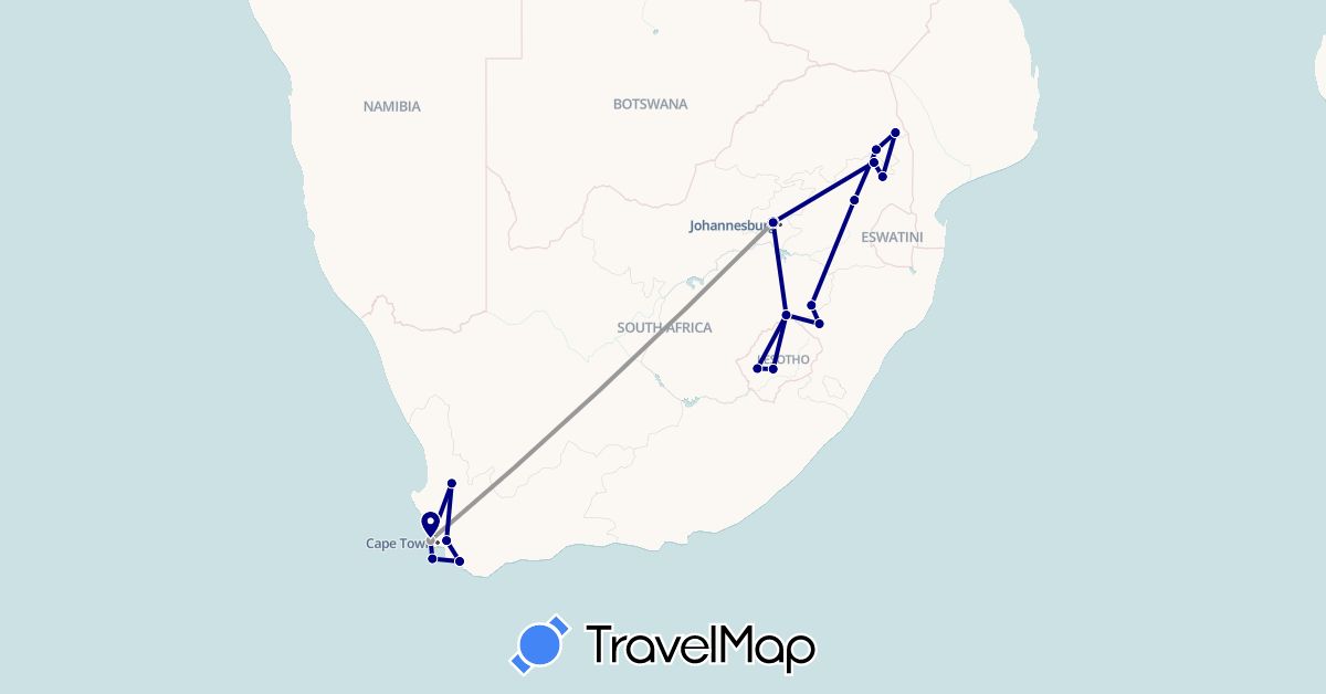 TravelMap itinerary: driving, plane in Lesotho, South Africa (Africa)